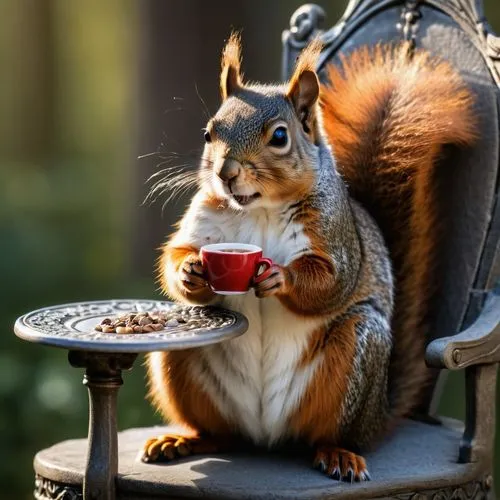 Squirrel sitting on a throne, drinking coffee, crown,relaxed squirrel,chilling squirrel,coffee break,drinking coffee,tea zen,teatime,coffee time,hot drink,tea drinking,squirell,woman drinking coffee,c