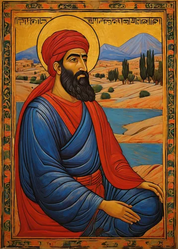 Describe a serene landscape where an Iraqi Dinar guru finds peace and inspiration.,khokhloma painting,persian poet,medicine icon,assyrian,saint nicholias,middle eastern monk,eminonu,saint paul,ortahis