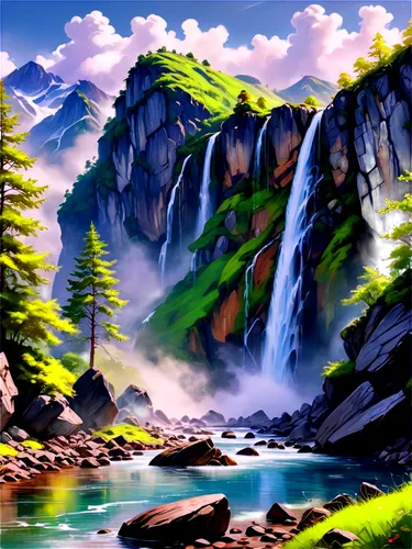 landscape background,nature background,waterfalls,waterfall,ash falls,cartoon video game background,mountain scene,mountain landscape,water fall,water falls,watercolor background,brown waterfall,mountainous landscape,cascada,mountain stream,nature landscape,mountain spring,falls,river landscape,natural scenery,Conceptual Art,Oil color,Oil Color 10