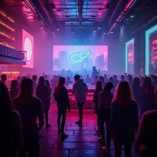 Neon-lit nightclub, postmodernist atmosphere, futuristic decorations, metallic walls, strobing lights, DJ stage, turntables, vinyl records, fog machines, lasers, flashing LED lights, crowd of people d