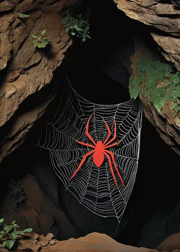 Depict a mysterious Spider-Man symbol carved into a hidden cave, symbolizing a secret power waiting to be discovered.,funnel web spider,spider silk,tangle-web spider,spider's web,widow spider,spider n