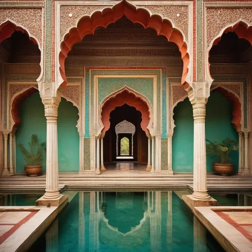 Majestic Mughal palace, intricate marble inlays, ornate arches, grand domes, Islamic geometric patterns, vibrant turquoise, red sandstone walls, delicate frescoes, lush green gardens, serene fountains