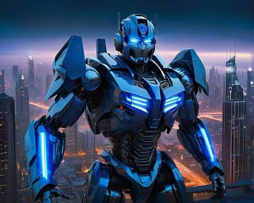 Futuristic sci-fi scene, transformer robot, standing tall, metallic blue and silver armor, glowing neon blue circuits, intricate mechanical details, cityscape background, skyscrapers, neon lights, mis