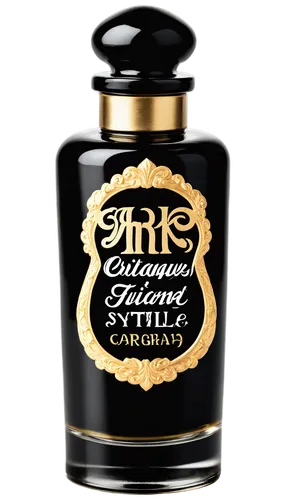 Ink bottle, transparent PNG, glass material, rounded body, metal nib, black ink liquid, ornate label, golden cap, reflective surface, soft focus, 3/4 composition, warm color tone, cinematic lighting.,