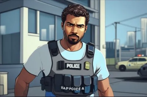 African-American male with short hair (curly, helmet style), beard (mustache and goatee), wearing a white t-shirt and a tactical police vest, police pose, arm tattoos. GTA V style, urban environment, 