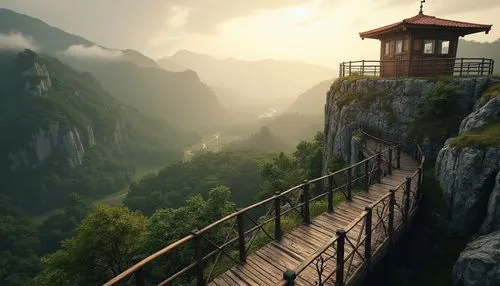 wudang,tigers nest,lookout tower,huangshan mountains,huangshan,huashan,cliffside,hushan,observation tower,scenic bridge,shaoming,watch tower,overlook,wooden bridge,hiking path,tianling,house in mountains,walkway,mountainous landscape,cliffsides,Photography,General,Realistic