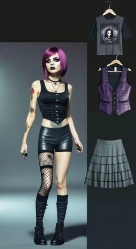 Paper doll 2d cartoon goth purple haired girl in black sleeveless shirt , black spandex shorts, complete full length fishnet and black goth knee Boots, standing surrounded by with a set of goth fashio