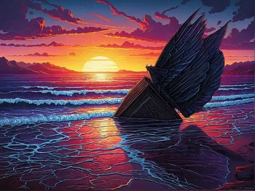 wieslaw,shipwreck,old wooden boat at sunrise,boat landscape,hildebrandt,shipwrecked,sea fantasy,sail ship,sea sailing ship,sailing ship,sailing wing,sailboat,wooden boat,icarus,scarlet sail,sunken ship,sailing boat,ship,sea swallow,boat on sea,Illustration,Realistic Fantasy,Realistic Fantasy 25