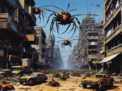 Describe the chaotic aftermath of a city under attack by a massive ant army,harvestmen,walking spider,camel spiders,harvestman,spiders,arachnophobia,arachnid,baboon spider,spider network,spider,widow 