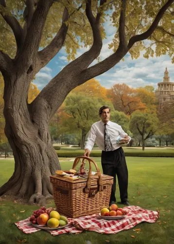 picnic basket,picnic,cart of apples,digital compositing,photo manipulation,basket of apples,apple tree,apple harvest,conceptual photography,advertising campaigns,fruit stand,photoshop manipulation,fruit basket,basket of fruit,image manipulation,wicker basket,man on a bench,apple trees,ronald reagan,peaches in the basket,Illustration,Realistic Fantasy,Realistic Fantasy 40