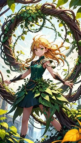 fae,dryad,girl in a wreath,flora,poison ivy,green wreath,garden fairy,background ivy,forest clover,woodland sunflower,ivy,blooming wreath,throwing leaves,ivy frame,tsumugi kotobuki k-on,flower fairy,golden wreath,rapunzel,thorns,frame flora,Anime,Anime,General