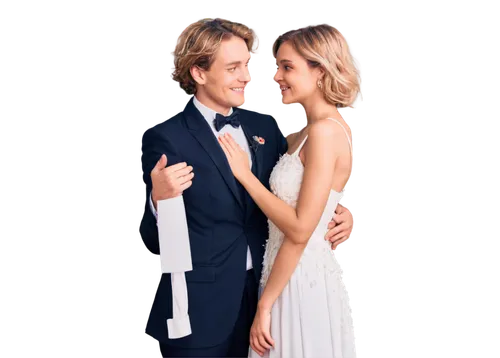 Caucasian couple, embracing, loving gaze, gentle smile, soft focus, warm skin tone, wavy blonde hair, messy bob hairstyle, minimal makeup, elegant white wedding dress, fitted waist, flowing skirt, hig