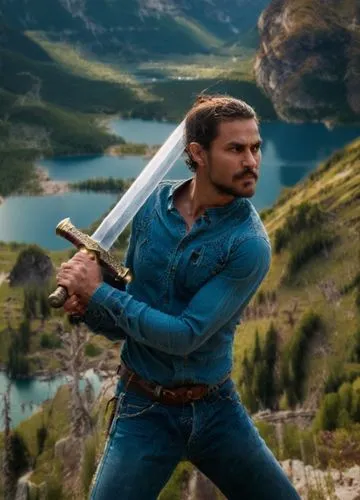 A man with a sword, wearing jeans and shirt. Mountains ans a lake in the background.,man with sword at top of rock overlooking mountains,lumbago,geraldo,momoa,waldau,rdo,wallonien,Photography,General,