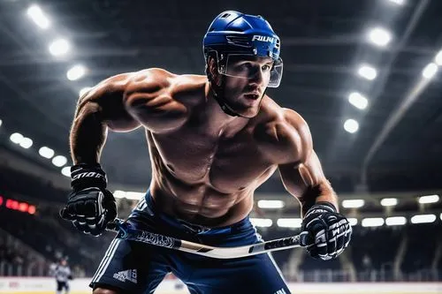 Muscular men, shirtless, sweaty, athletic build, broad shoulders, strong chest, six-pack abs, hockey sticks, helmets, gloves, shin guards, ice rink, stadium, bright arena lights, dynamic action poses,