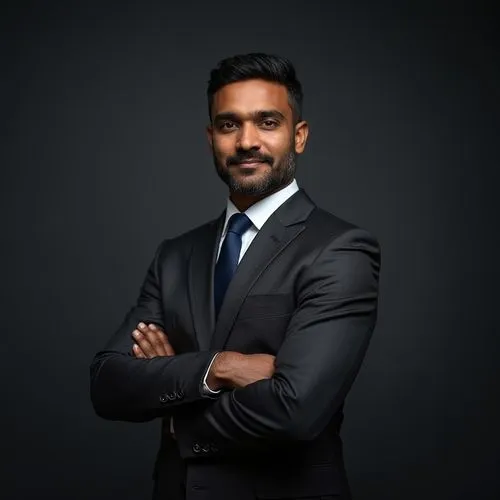 An Indian male professional in his early 40s stands confidently against a solid dark gray background in a modern, minimalist studio. He has short, neatly styled black hair, a clean-shaven face, and me