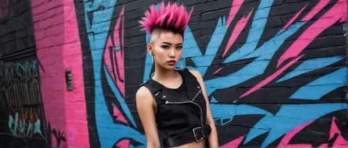 Mohawk, Asian girl, 20yo, edgy, bold, striking features, sharp jawline, piercing brown eyes, thick black eyebrows, vibrant pink mohawk hairstyle, glossy lips, subtle freckles on cheeks, black tanktop,