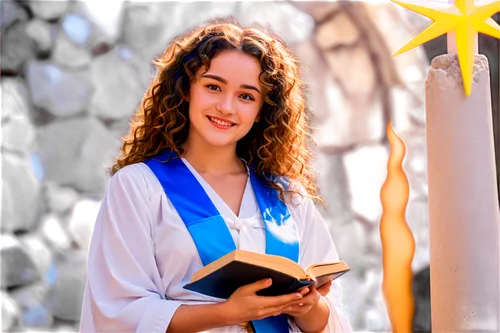 Angelic Bible character, Holy Scripture, saintly woman, gentle face, soft curls brown hair, warm smile, golden halo, white robe with blue sash, holding Bible, sitting on stone pedestal, soft focus bac