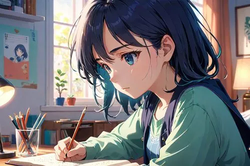 girl studying,umi,table artist,michiru,chihaya,study,diligent,yoshiko,girl drawing,tutor,hikikomori,study room,blue painting,hoshihananomia,writer,write,kanan,to write,tamako,illustrator,Anime,Anime,Realistic