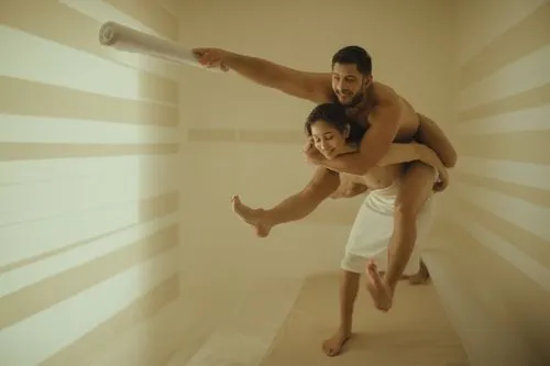 a naked woman is carrying a naked man on her back,a man and a woman in white towels doing an acrobatic move,two meters,pilobolus,piledriver,conceptual photography,on the ceiling,together cleaning the 