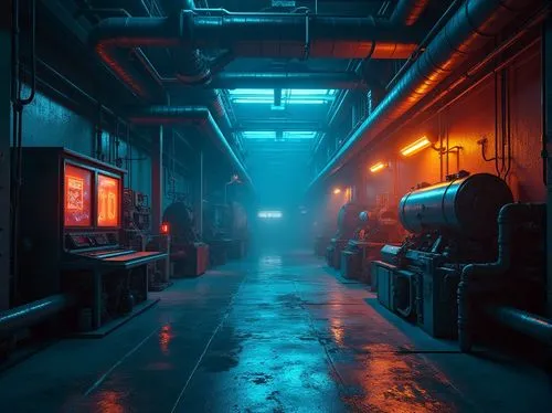 bladerunner,environments,cold room,ufo interior,engine room,refinery,vapor,3d render,cyberpunk,arcade,empty factory,arcades,cyberscene,atmoshphere,corpus,scifi,computer room,industrial,warehouse,garage,Photography,General,Realistic