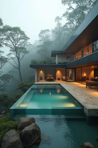 pool house,infinity swimming pool,amanresorts,foggy landscape,beautiful home,asian architecture,Photography,General,Realistic