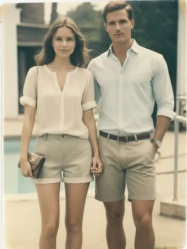 Create an elegant hand-holding couple in shorts that will show off your best work.,an old po of a man and woman in shorts,model years 1960-63,vintage man and woman,vintage boy and girl,kennedys,model 