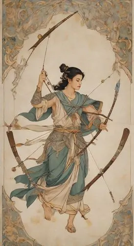 the painting depicts the person holding an arrow,diaochan,yi sun sin,kyudo,mulan,xuanwei,xiaohua