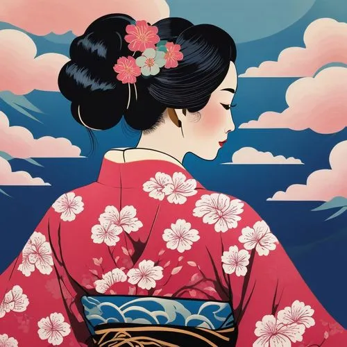 kimono fabric,maiko,japanese floral background,ukiyoe,geisha girl,japanese art,Art,Artistic Painting,Artistic Painting 40