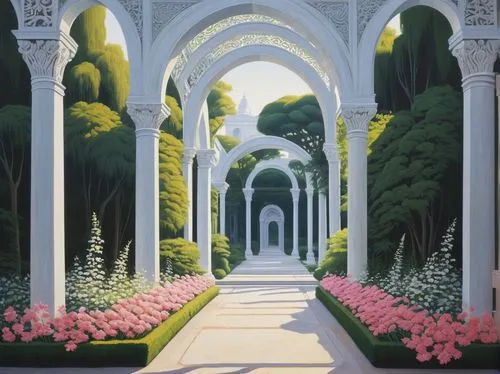 tunnel of plants,archways,rivendell,arbor,arches,gardens,pillars,rose arch,archway,towards the garden,cypresses,rosarium,secret garden of venus,primavera,pathway,giardino,alhambra,parterre,pergola,garden of plants,Conceptual Art,Oil color,Oil Color 13