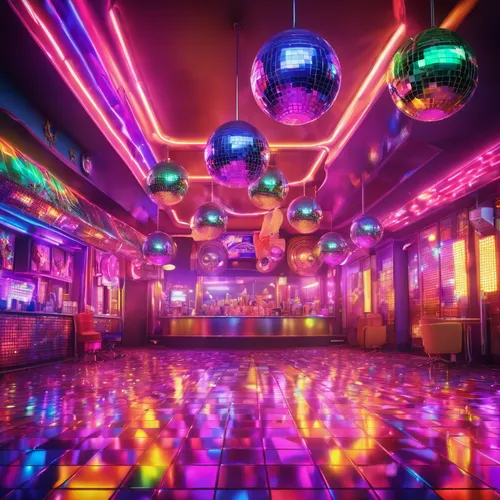 disco,nightclub,retro diner,ufo interior,disco ball,80s,colored lights,dance club,neon cocktails,party lights,ballroom,80's design,go-go dancing,neon coffee,clubbing,jukebox,3d render,unique bar,cinema 4d,cyberpunk,Illustration,Realistic Fantasy,Realistic Fantasy 38