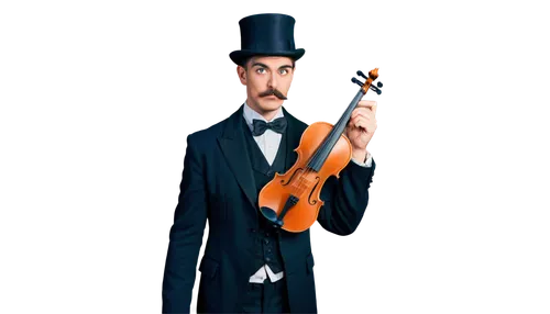 Historical musician, male, Victorian era, formal wear, top hat, monocle, bushy mustache, holding violin, classic orchestra background, warm lighting, shallow depth of field, cinematic composition, sof