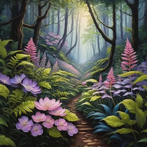 fairy forest,rhododendrons,forest landscape,forest flower,rhododendron,forest glade,flower painting,forest floor,forest background,purple landscape,forest anemone,pacific rhododendron,ferns,forest of 