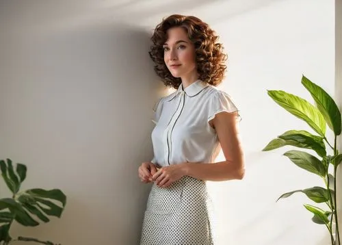 Wallpaper, interior design, elegant lady, 30s, curly brown hair, subtle makeup, white blouse, high-waisted pencil skirt, standing, leaning against wall, sampling wallpaper, various patterns, floral, s