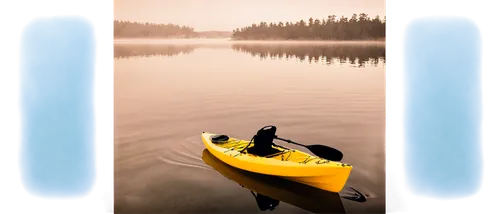 Kayak, solo, watercraft, yellow body, white deck, black seat, paddle, calm lake, morning mist, soft sunlight, 3/4 composition, shallow depth of field, warm color tone, cinematic lighting.,kayaker,cano