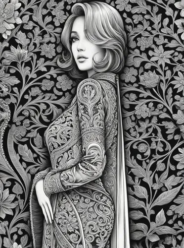 farrokhzad,fairuz,safavid,caftan,art deco woman,ceremonials,Illustration,Black and White,Black and White 03