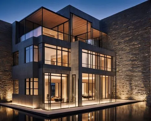 Capture a striking image of a modern, 3-story residential building with clean lines and minimalist aesthetics. The structure should prominently feature large glass windows and sleek balconies, utilizi