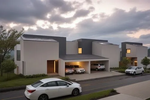 SET OF MODERN HOUSES WITH GRAY ROOF, BEIGE AND GRAY WALLS, MAINTAIN VOLUMES AND SHAPES OF THE IURNA VIEW IMAGE WITH A LOT OF QUALITY AND SHARPNESS,a couple of cars are parked in front of a building,mo