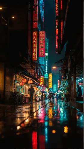 a busy street in China, neon lights and signs illuminating the night, people bustling about, [photorealistic,hyper-realistic,photorealism] reflections on wet pavement, traditional and modern elements 