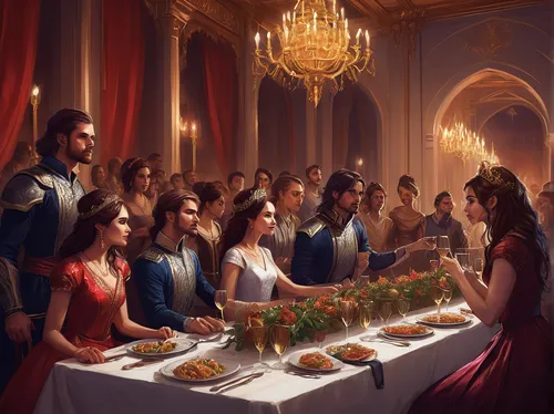 Imagine Puck causing mayhem at a royal court banquet.,hors' d'oeuvres,dinner party,exclusive banquet,long table,thirteen desserts,the order of the fields,holy supper,the ceremony,communion,last supper