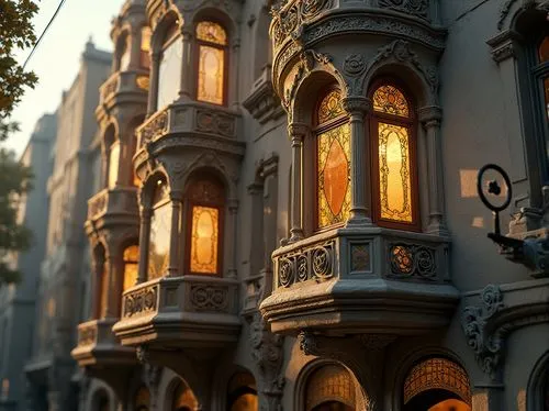 Intricate Art Nouveau building facade, ornate stonework, flowing organic lines, curved metal railings, ornamental ironwork, glazed ceramic tiles, shimmering stained glass windows, warm golden lighting