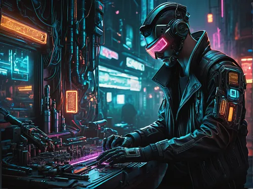 cyberpunk-themed illustration, futuristic weapon, disassembling, no mods, detailed hands, mechanical tools, neon lights, dark alley, cybernetic enhancements, close-up, high-tech workbench, gritty text