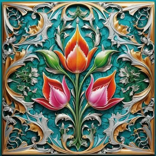 Discgover: 3D-Meisterwerk Calligraphy ornaments inspired Leinwandplatin Rendering 
mit ornate großen Bilderrahmen, exotische  tulips, bunte Farben Vogel , latex gloss gold Arabic Calligraphy, 

Spitze