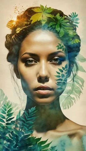 biophilia,dryad,image manipulation,naiad,fractals art,photosynthetic,dryads,photo manipulation,mother nature,phytoremediation,ecofeminism,mother earth,neotropics,seelie,faery,photomanipulation,diwata,girl in a wreath,subtropics,world digital painting,Illustration,Paper based,Paper Based 09