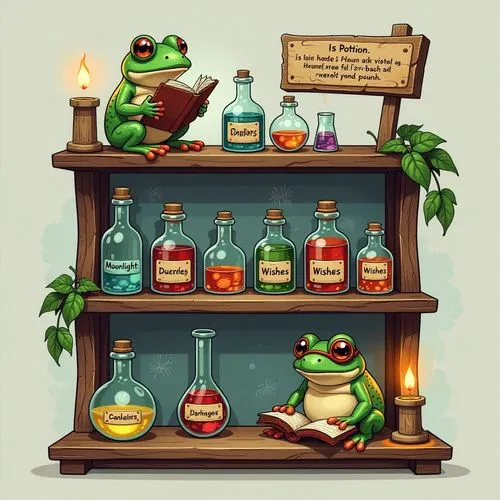 apothecary,frog background,potions,chemist,barkeeper,litoria