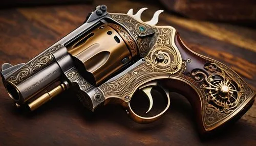 Fantasy revolver, ornate details, golden engravings, gemstone inlays, leather holster, western-inspired, mysterious aura, steam-punk elements, intricate mechanisms, clockwork components, copper accent