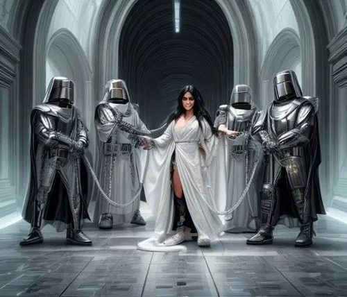 a beautiful smiling angel with long black hair and white robes, standing in chains being held prisoner by four mean powerful futuristic uniformed armoured palace guards, standing in a vast technologic