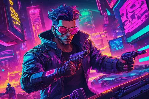 cyberpunk,renegade,80s,cyber,punk,hk,gangstar,cg artwork,mute,pompadour,80's design,dealer,game illustration,novelist,dystopia,terminator,colorful city,pandemic,vendetta,vector illustration,Conceptual Art,Sci-Fi,Sci-Fi 27