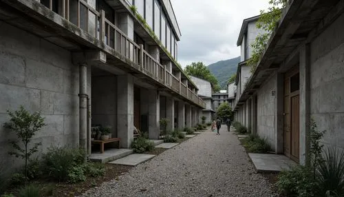 Rough-hewn concrete walls, exposed ductwork, industrial steel beams, distressed wood accents, brutalist fa\u00e7ade, rugged stone foundations, coarse gravel walkways, moss-covered roofs, overcast skie