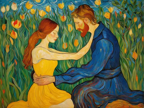 young couple,vincent van gough,adam and eve,khokhloma painting,holy family,as a couple,the hands embrace,oil on canvas,man and wife,david-lily,idyll,jesus in the arms of mary,oil painting on canvas,flower of the passion,romantic scene,oil painting,yellow garden,daffodils,dancing couple,man and woman,Art,Artistic Painting,Artistic Painting 03