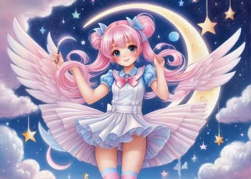 Twin-tailed magical girl, 12-14 years old, sparkly eyes, rosy cheeks, twin tails with fluffy ends, pastel pink and blue hair colors, white and pink striped stockings, short pleated skirt, translucent 